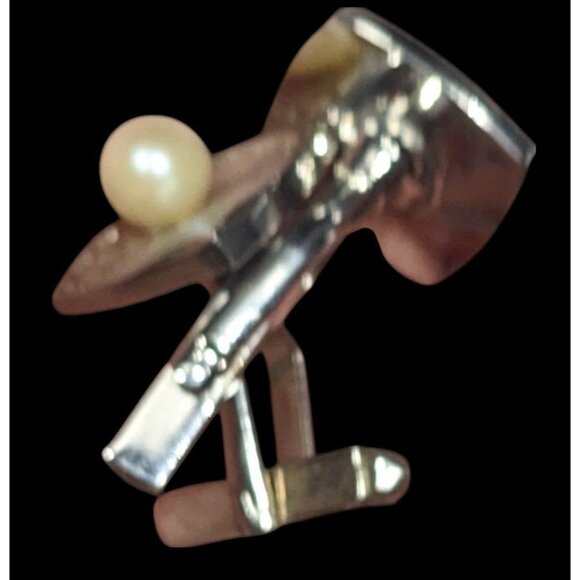 Vintage Engraved Square Silver Tone Cufflinks With Faux Pearl Accents - Picture 5 of 9